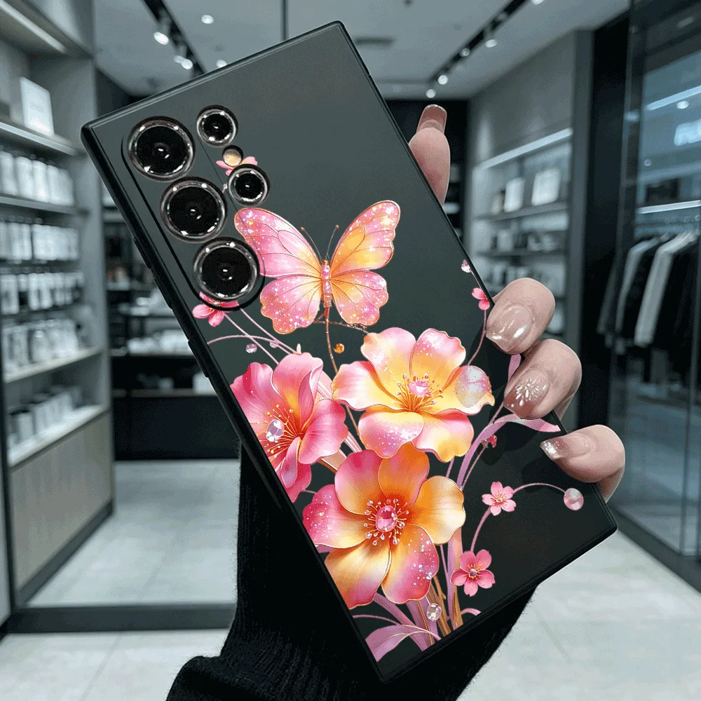 Glitter Butterfly Flowers Phone Case For Samsung S26 S25 S24 S23 S22 Ultra FE A17 A27 A57 Shockproof Back Cover