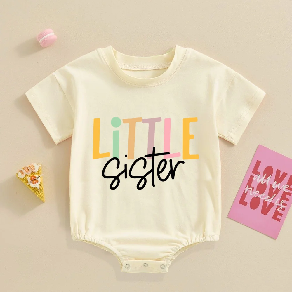 Big Brother Little Sister Print Family Matching Outfit Shirt Retro Sibling Tops Brother Sister T-shirt Baby Large Bubble Romper