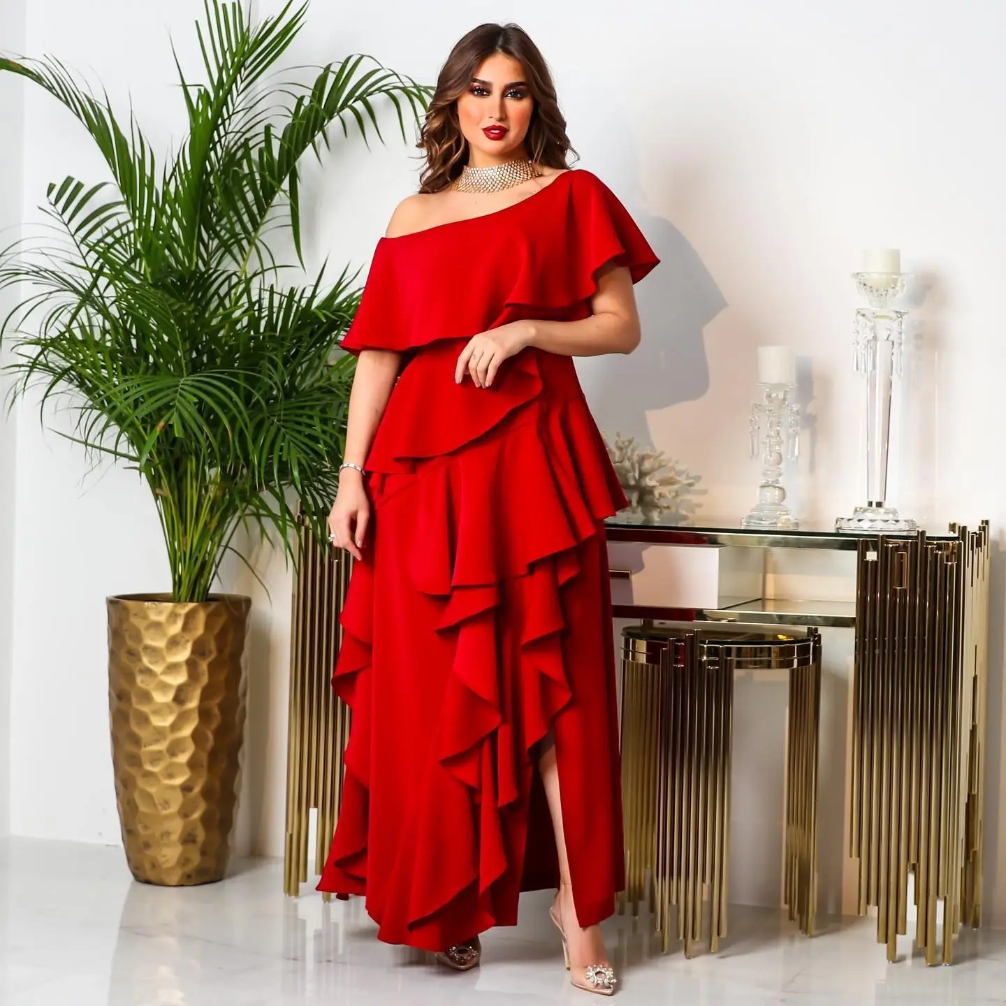 India Dubai Party Dress for Women Skew Collar Ruffle Ball Gown Vestidos Wedding Prom Evening Dress Red Color Morocco Dresses