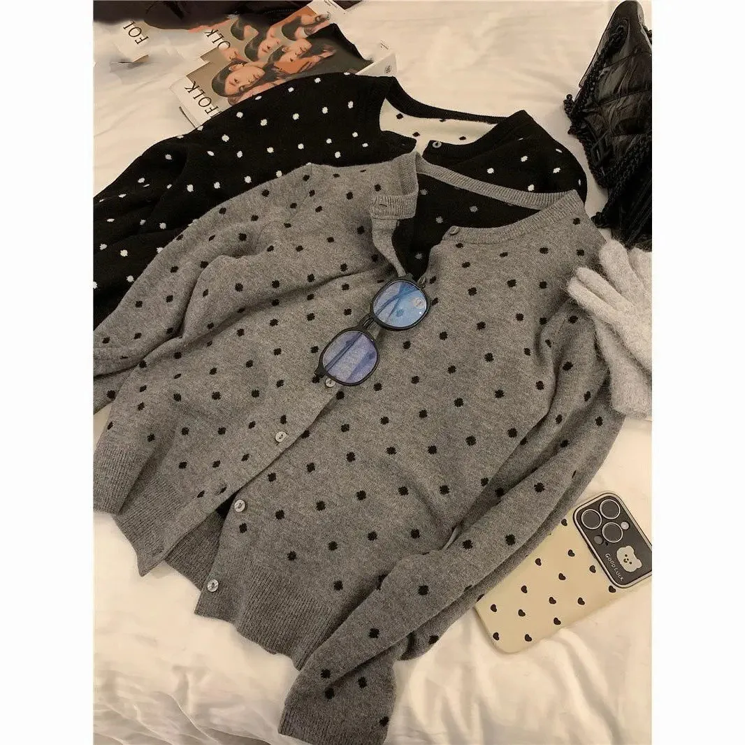 Korean Fashion New Knitted Women Tops Cardigan Polka Dot O Neck Long Sleeve All Match Knitting Outwear Cardigans Female Clothing