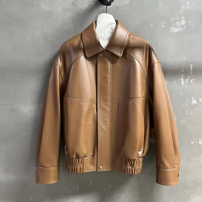 2025 Fall Retro Kid Suede Women Real Leather Jacket Coats Casual Loose Female Elastic Waist Imported A-level Lambskin Jacket Top