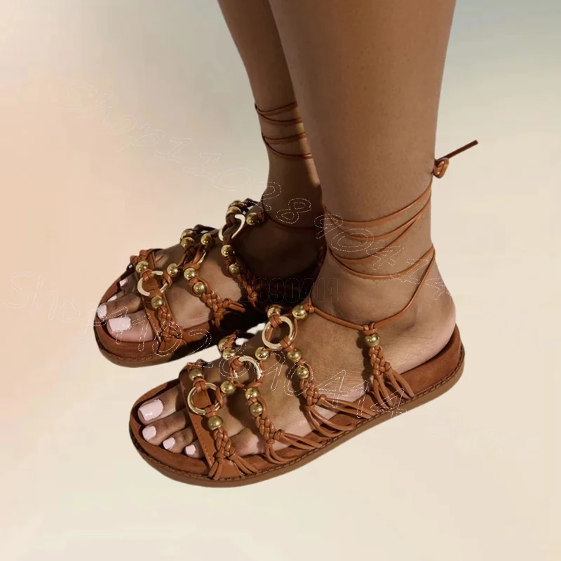 

Metal Circle Beads Brown Knitted Design Twine Sandals Lace Up Women Shoes Low Top Party Banquet Dating 2025 Zapatos Para Mujere