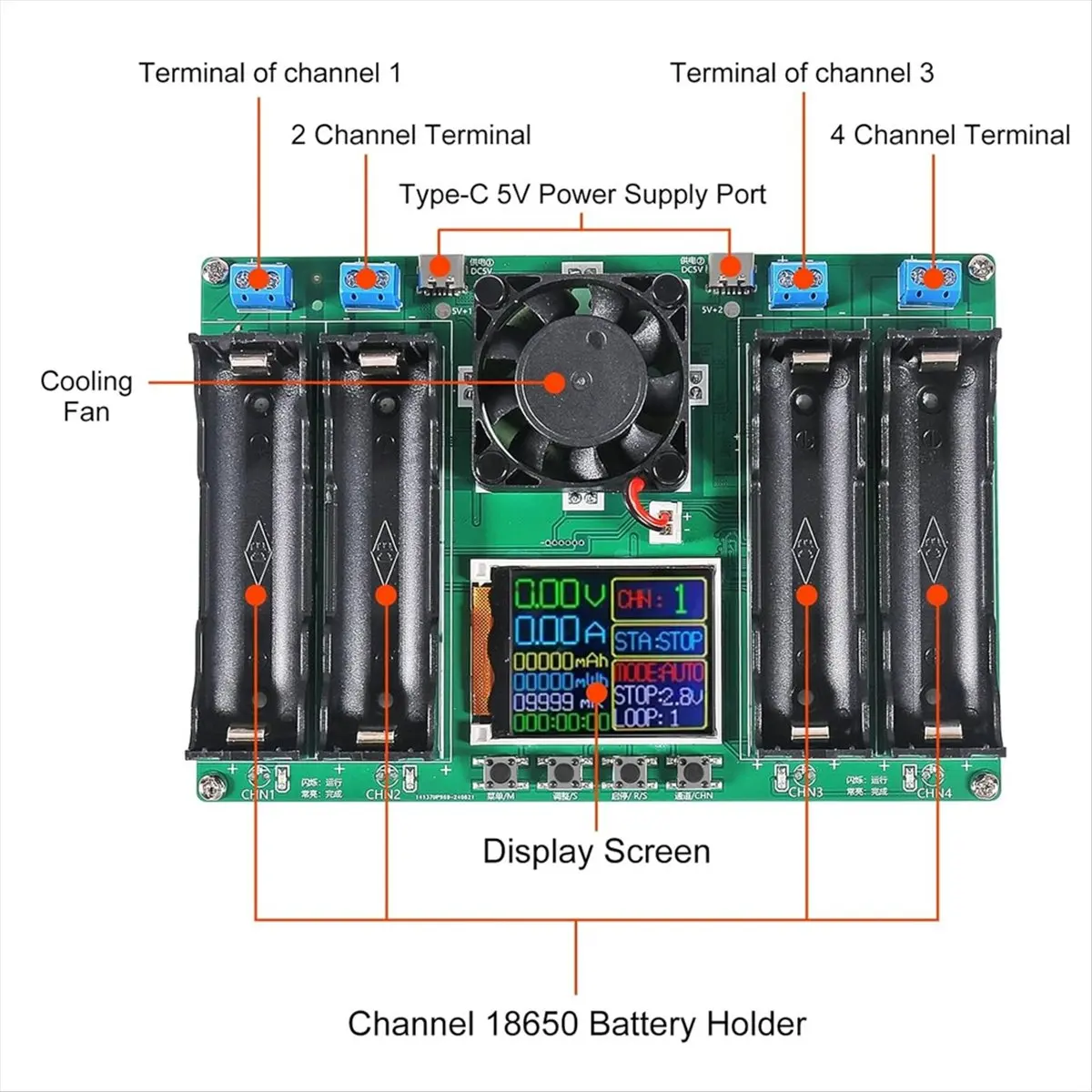 

4-канальный модуль-тестер емкости литиевых аккумуляторов 18650 (mAh/MWh), цифровой детектор мощности батарей