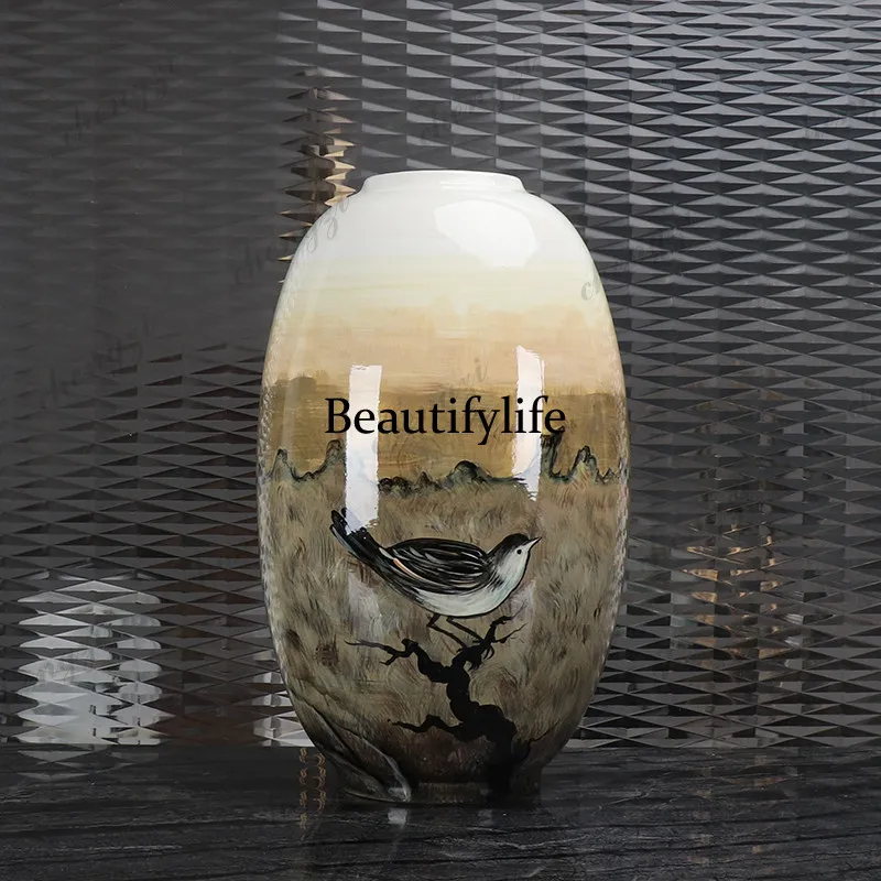 Modern new Chinese creative model room, living room entrance hand-painted ceramics, large vase decorative ornaments
