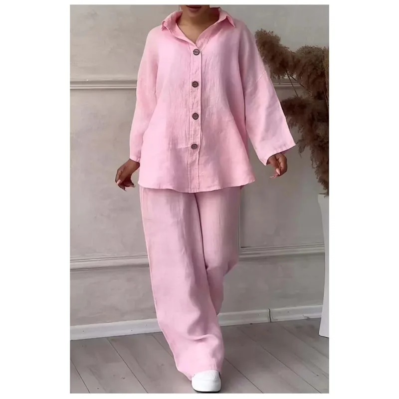 Primavera e autunno nuove donne 2 pezzi Set cotone canapa colletto manica lunga bottone aperto camicia allentata Top Set pantaloni larghi a vita alta