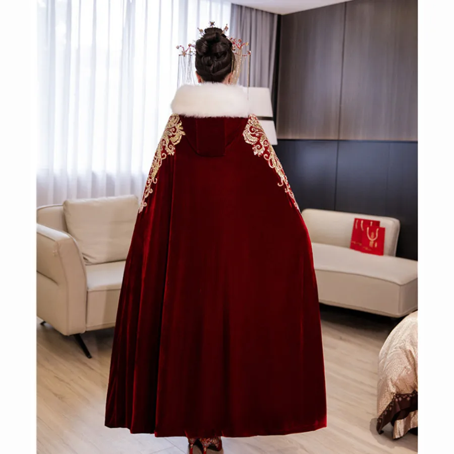 Mingli Tengda Wine Red Chinese Wedding Bridal Cloak Phoenix Crown Xia Pei Shawl Hefu Hanfu Thickened Warm Wool Long Hooded Shawl