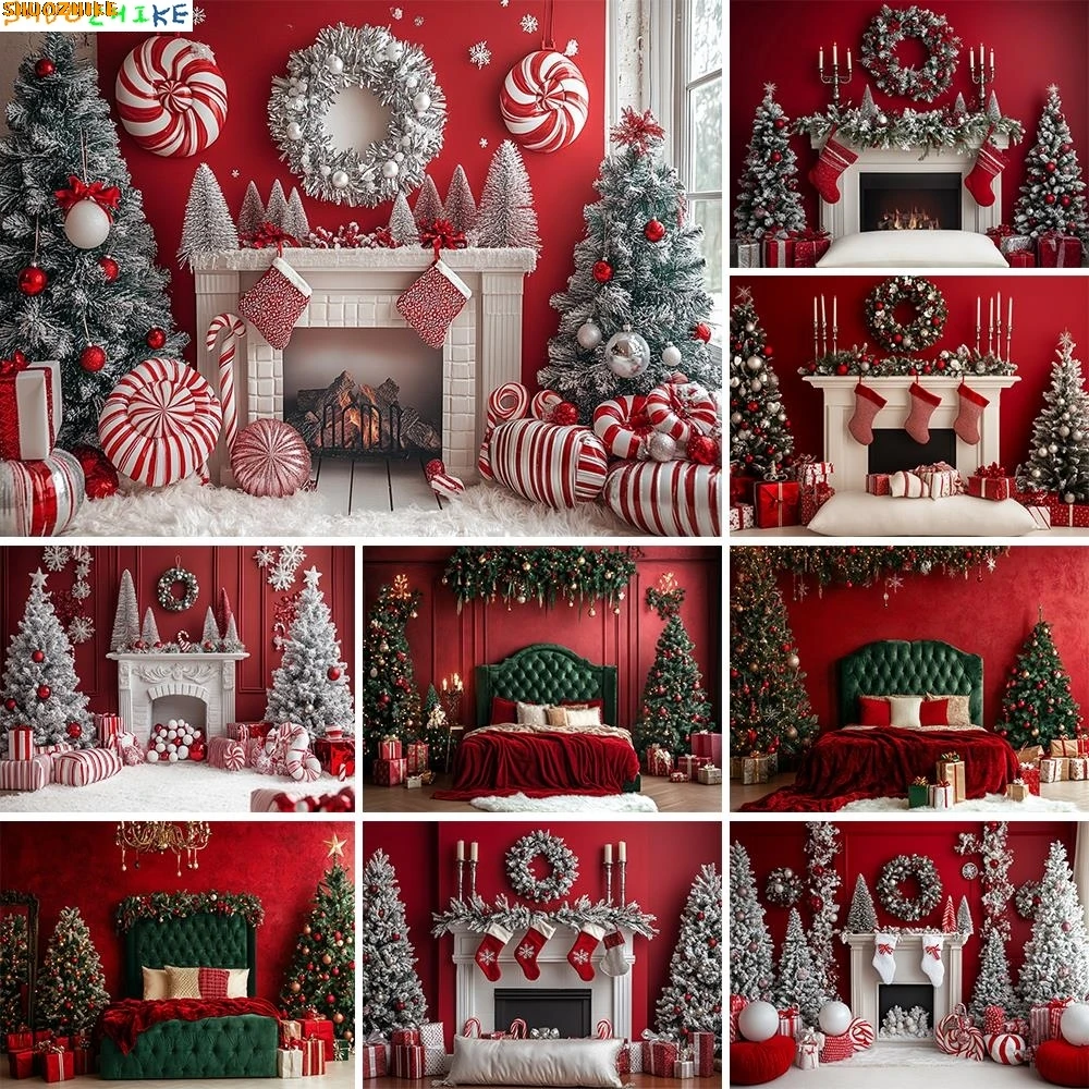 

White Fireplace Photography Backdrop Christmas Red Garland Xmas Tree Candles Background Winter Retro Room Family Photo Studio