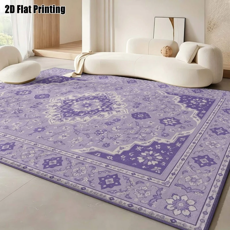Large Indoor Area Rug, Soft Velvet Low Pile Machine Washable, Lavender Purple Traditional Floral Medallion Pattern, for Living Room, Bedroom, Home Interior Floor Decor