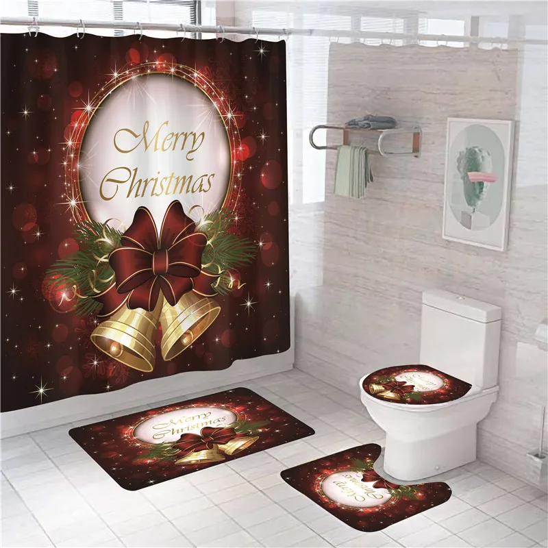 Red Christmas Bell Print Shower Curtain Set with Hooks Festival Bathroom   Decor Anti-slip Bath Mat  Rugs Toilet