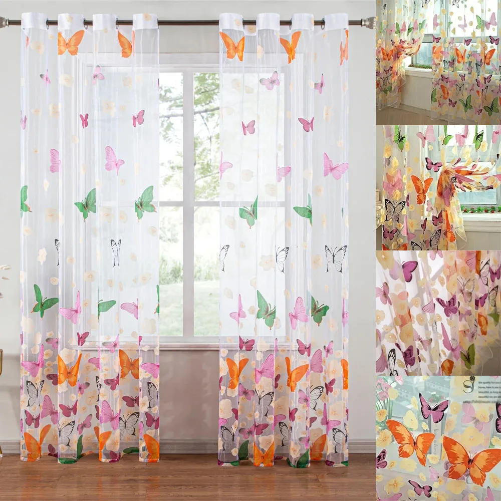 

Butterfly Tulle Curtain for Bedroom Kitchen Kids Room Decoration Louver Window Treatments Romantic Butterfly Pattern Sheer Drape