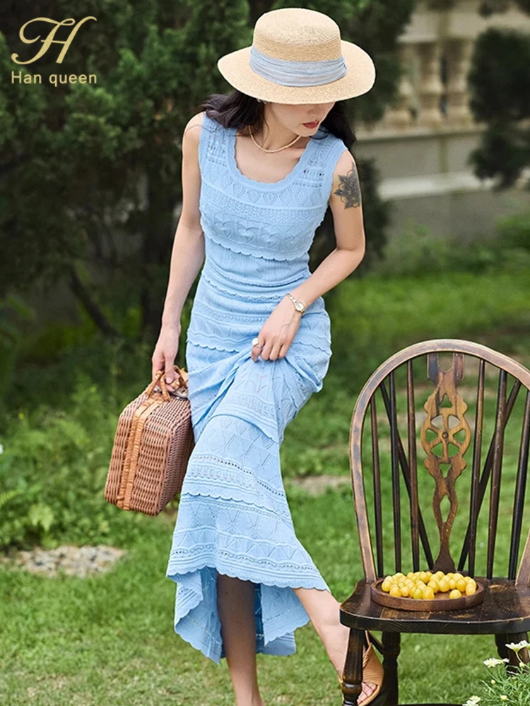 

H Han Queen Sexy High Waist Long Dress Hollow Women Elastic Summer Sleeveless Knitted Sweater Bottoming Tail Dresses