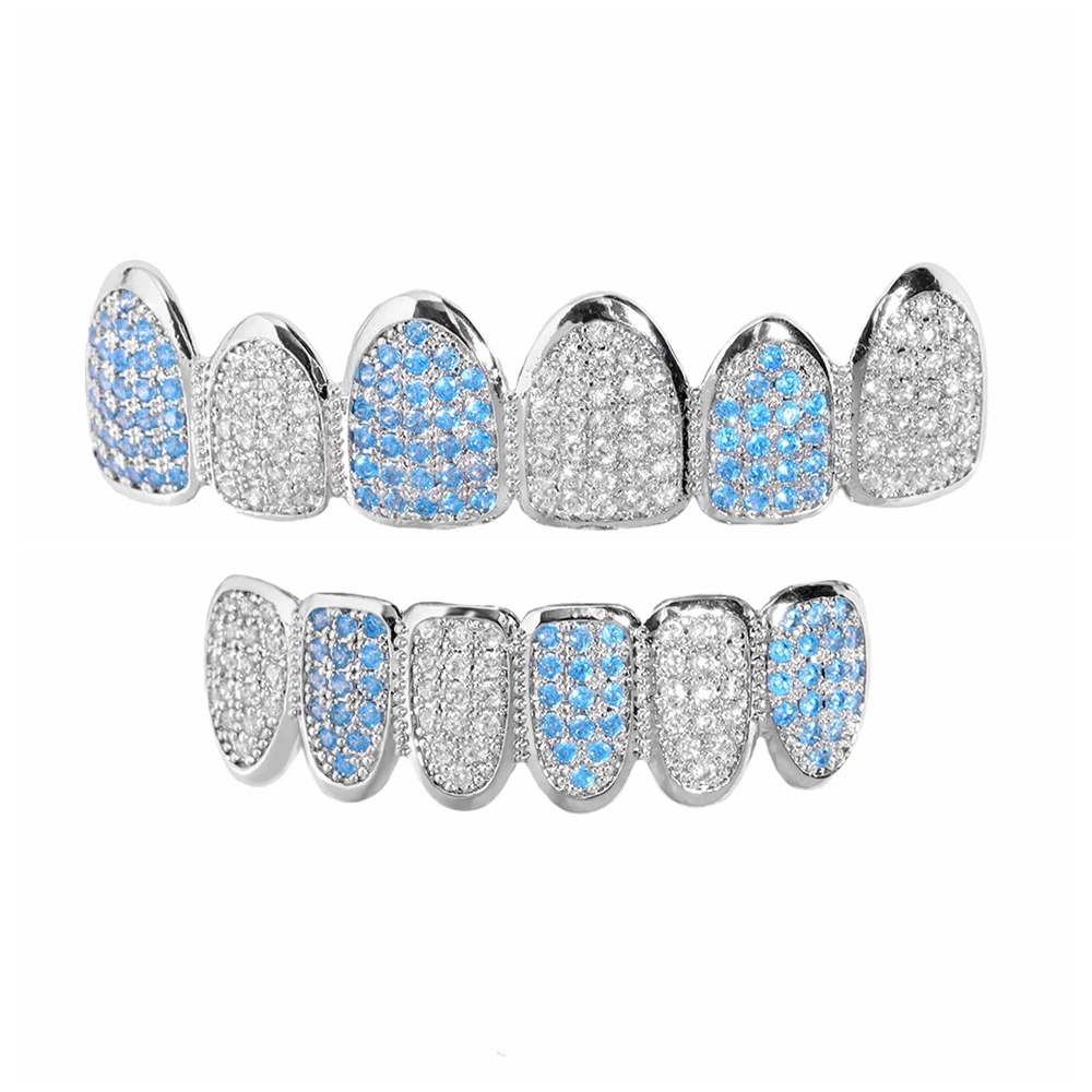 Iced Out Bling Full Zircon Blue Teeth Grillz Caps For Unisex Cubic Zircon Micro Pave Top&Bottom Grills Set Party Hip Hop Jewelry