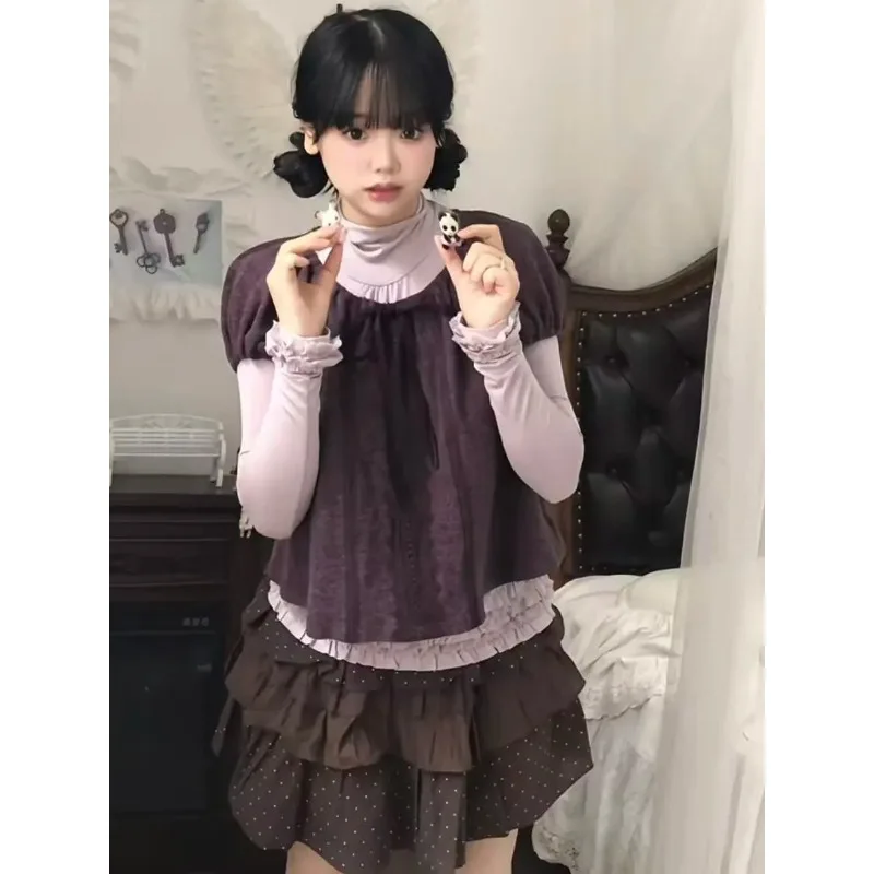 Autumn Vintage Half High Collar Lace Long Sleeved Base Shirt Short Sleeved Top Waist Cinched Polka Dot Half Skirt Harajuku 3pcs