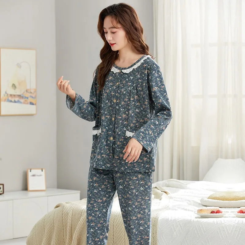 2024 New Spring Female Casual Breathable Long Sleeves Trousers Pajamas Sets Middle-Aged Women Round Neck Plus Size Homewear Suit