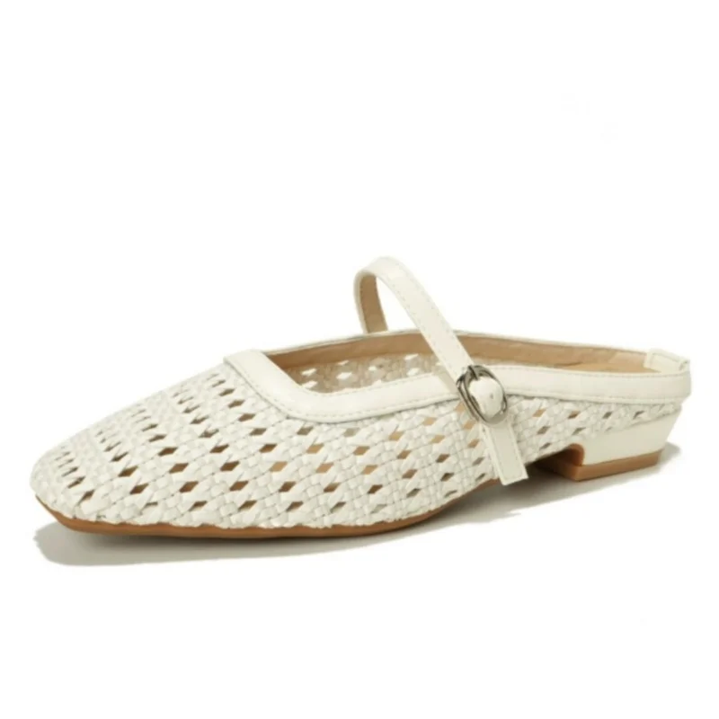 

Модные женские сандалии 2025, тканые женские тапочки с квадратным носком и необработанным каблуком, летние уличные дышащие женские туфли с пряжкой