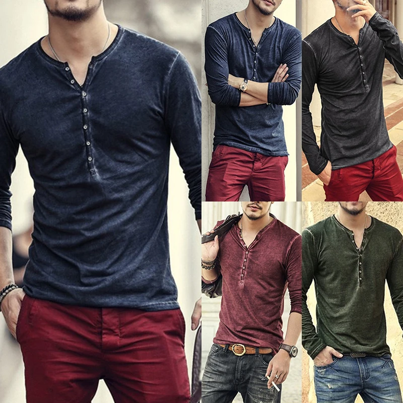 Hombres Tops Camisas Jersey Moda formal Oficina Sólido Camiseta básica Camisa retro Vintage Cuello en V Slim Fit Botón hacia abajo