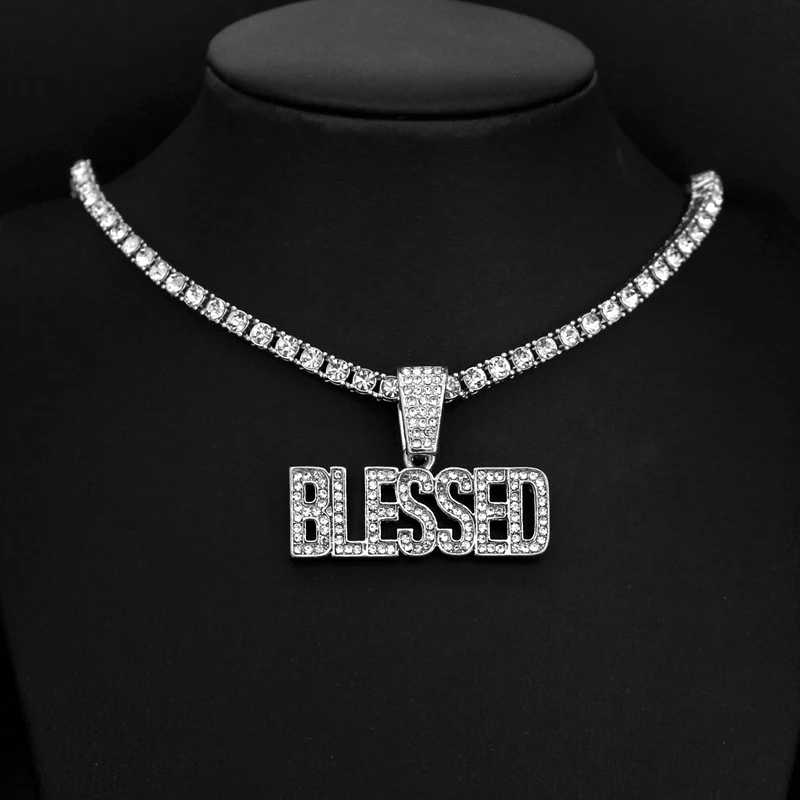 Men Women Iced Out Religion Letter BLESSED Pendant Necklace 4mm Tennis Chain HipHop Necklaces HipHop Jewelry Gift