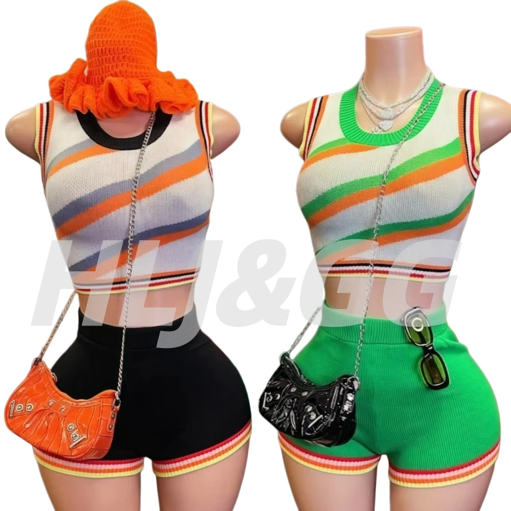 

HLJ Fashion Knitted Striped 2 Piece Sets Woman Outfit Slim O-neck Crop Top + Shorts Casual Crochet Tracksuits Female Clothing