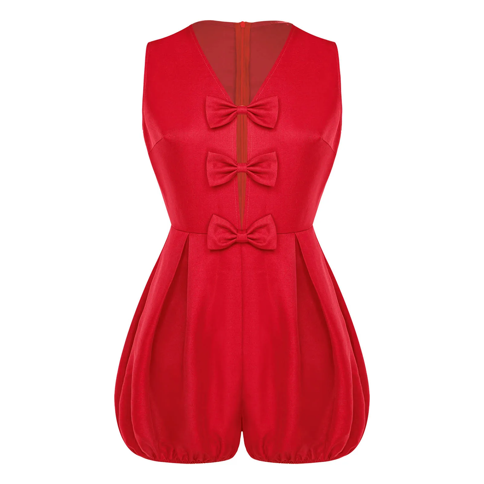 Women New Chinese-style Bubble Shorts Jumpsuit Modified V Neck Front Cutout with Bow Decor Sleeveless Bloomer Shorts Jumpsuit