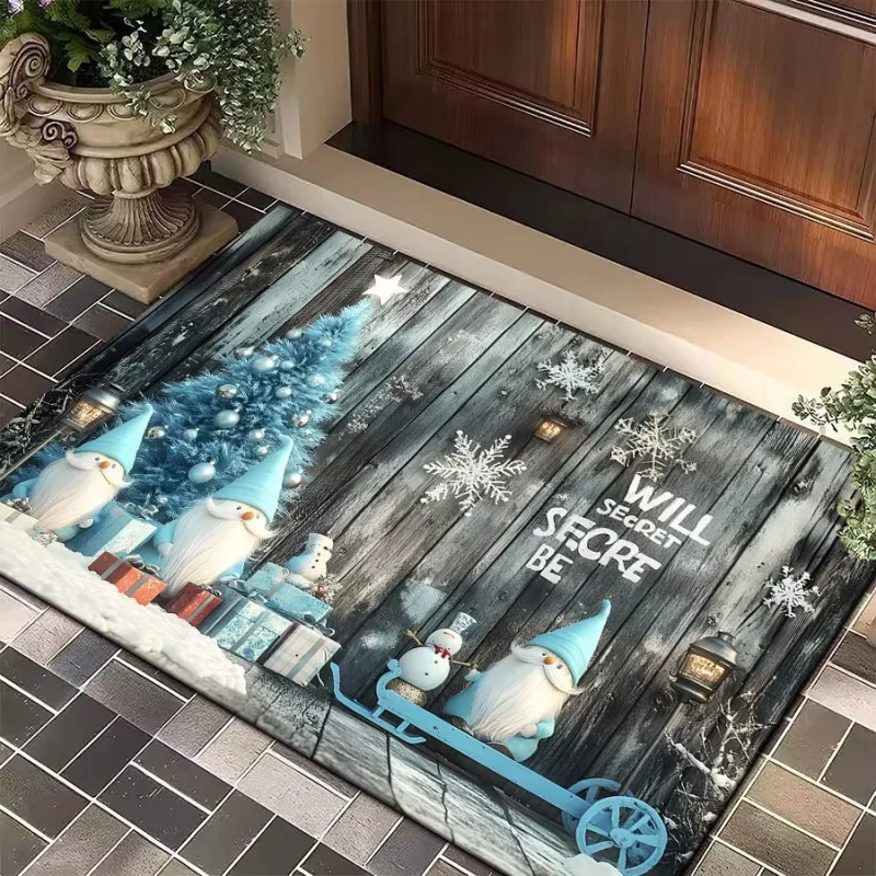 VIKAMA Blue Christmas Gnome Wood Plank Printed Doormat Anti‑Slip Wear‑Resistant Floor Mat For Entrance Porch Home Decor