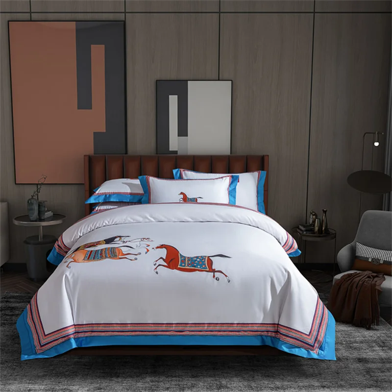 Galloping Horse Bedding Set 1000TC Egyptian Cotton Soft Comfortable Breathable Duvet Cover Bed Sheet Or Fitted Sheet Pillowcases