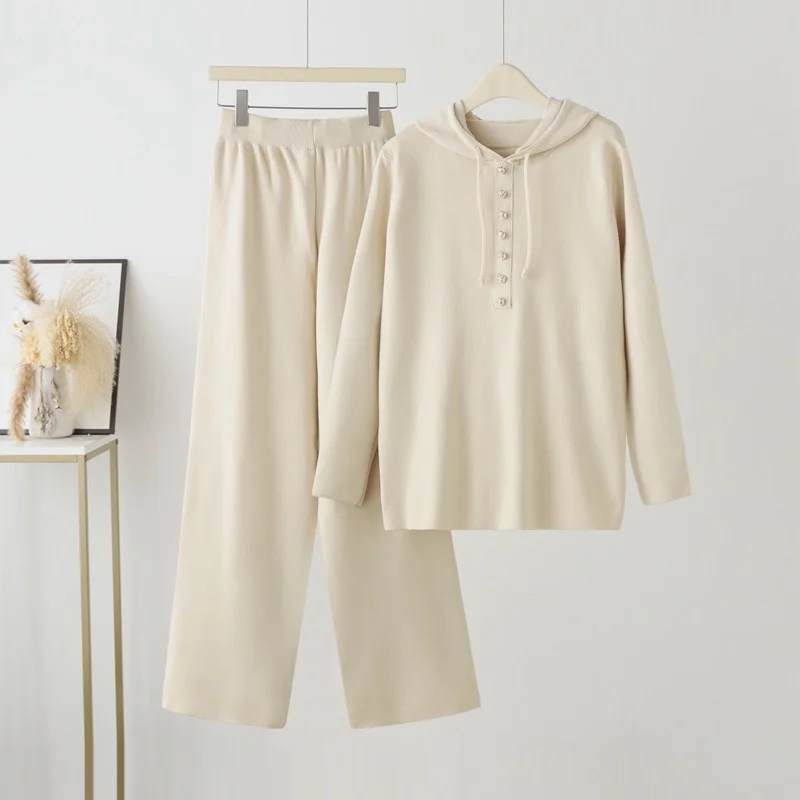 Spring Knitted Tracksuit 2 Piece Sets Knitwears Hoodie Tops Conjuntos Knit Soft High Waist Wide Leg Pants Outfits Korean Suits