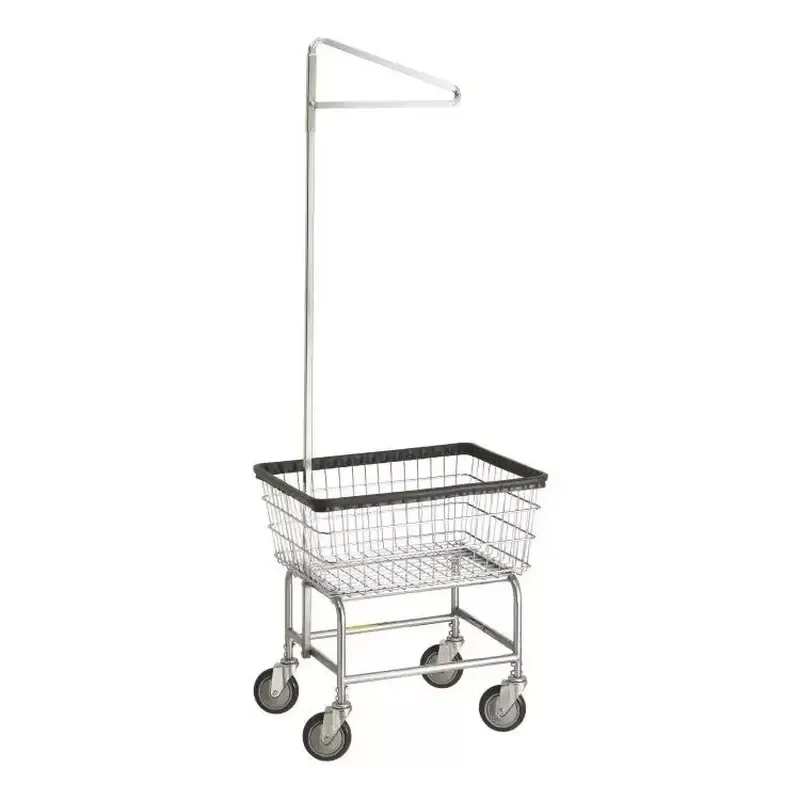 Chrome-plated wire laundry basket with wheels, clothing storage basket, rectangular storage car with hanging rod, suitable