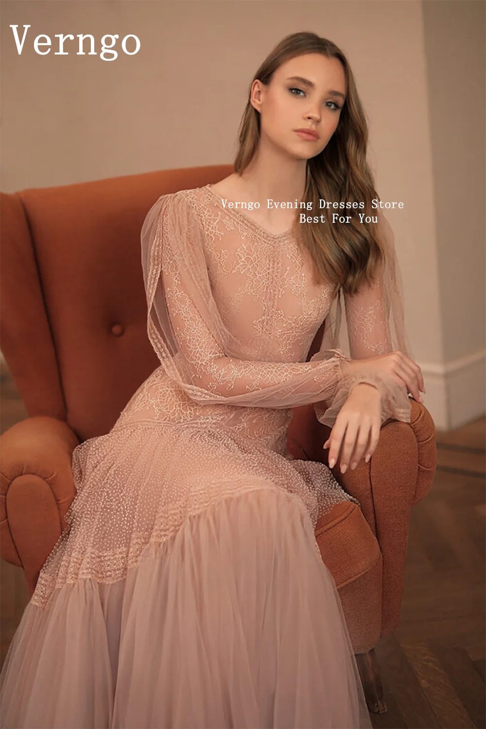 Verngo Pink Lace Elegant Prom Gowns V Neck A Line Wedding Party Dress For Women Full Sleeeves Maxi Formal Evening Dress 2024