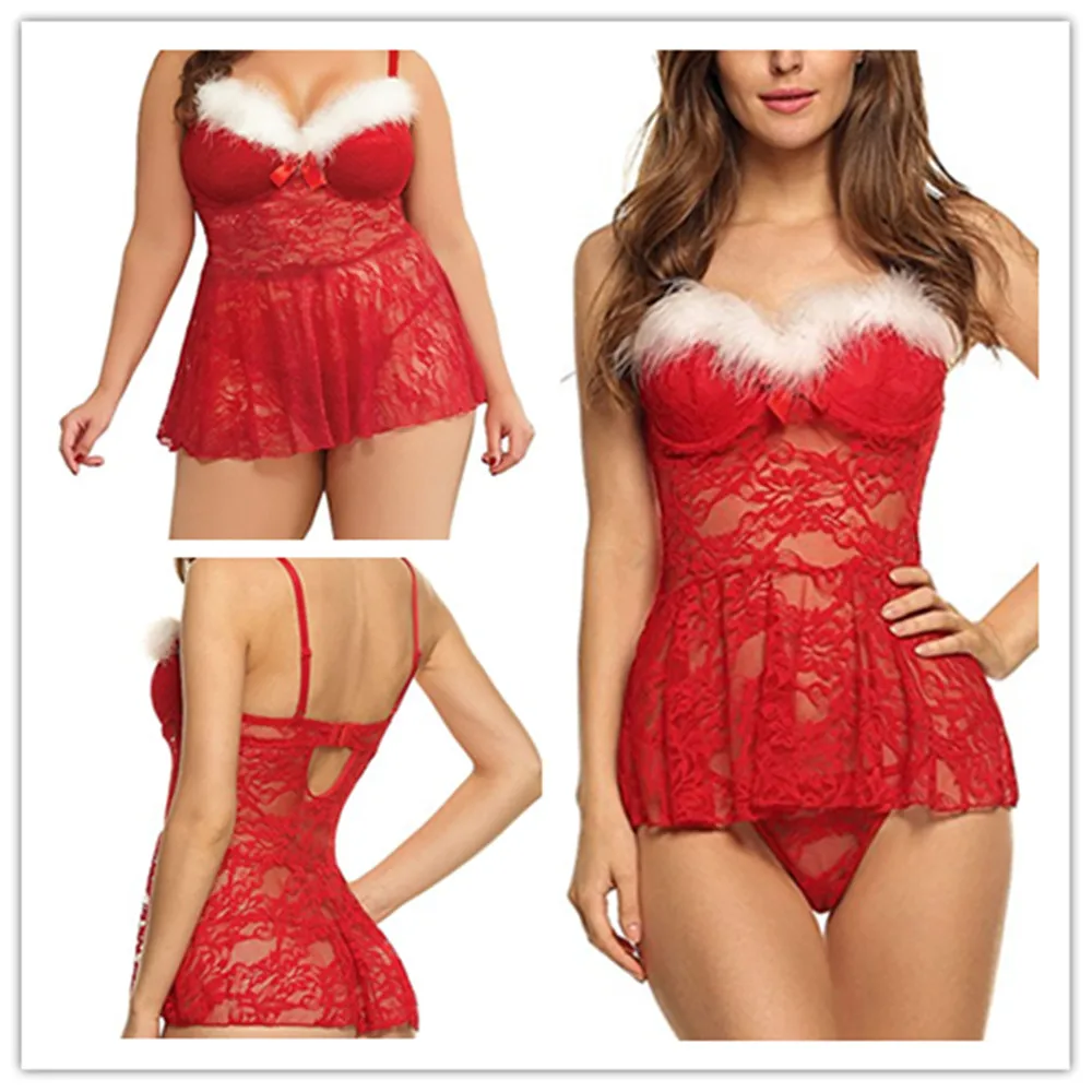 Red  Lace Babydoll with G-string Sexy Lingerie  Christmas Women Babydoll Lace Chemise Halter Nightwear Teddy Dress