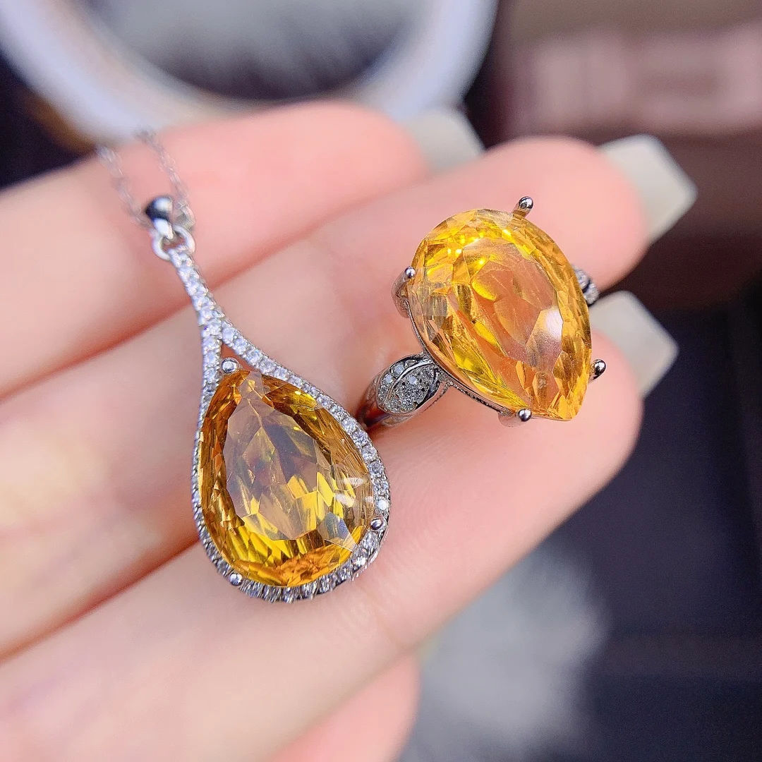 FS Natural Sapphire Drop Pendant Necklace Rings Set  for Women S925 Sterling Silver Fine Fashion Weddings Jewelry MeiBaPJ