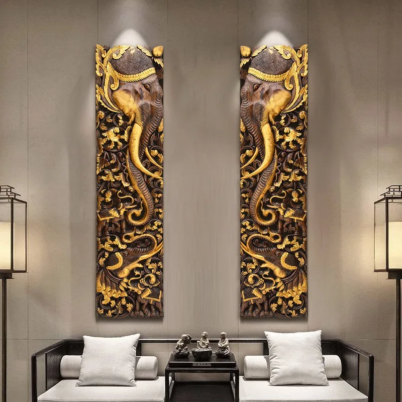 Wood carving wall hanging solid wood flower grid South East Asia living room background wall elephant wall decoration Thai dinin