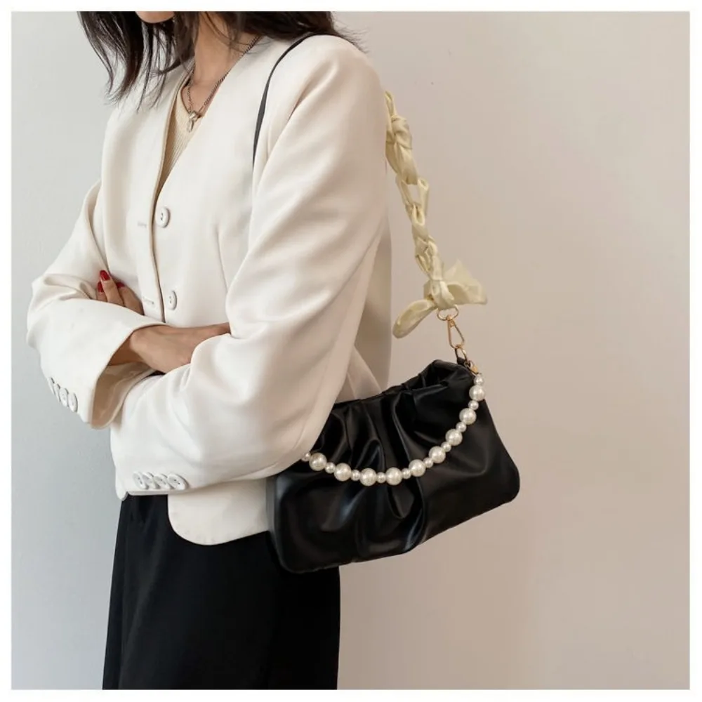 Luxury Pleated Shoulder Bag PU Leather with Pearl Cloud Underarm Bags Small Handbags Women Purse