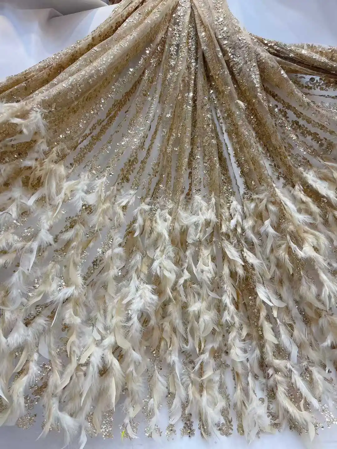 

African Latest Nigerian 2025 France Tulle Lace Fabric 3D Feather With Beads Sequins High End for Bride Wedding Party Sew Dresses