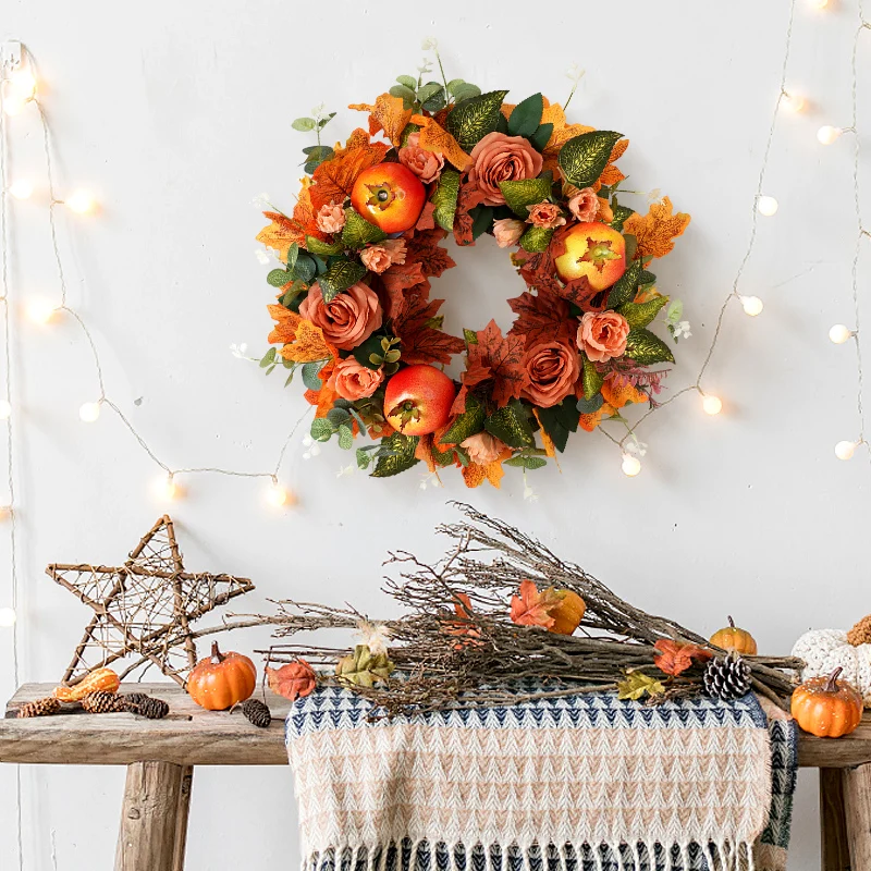 Artificial Fall Wreaths for Front Door Home Farmhouse Hanging Pumpkin Garland Pendant for Christmas Thanksgiving Decoration 2024