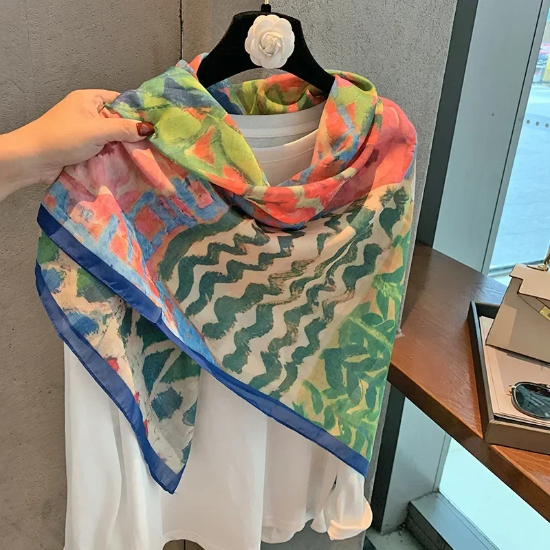 Versatile Summer Scarf Women's French Vintage Print Sun Protection Large Silk Square Scarf Travel Multi-Wear Versatile Scarf