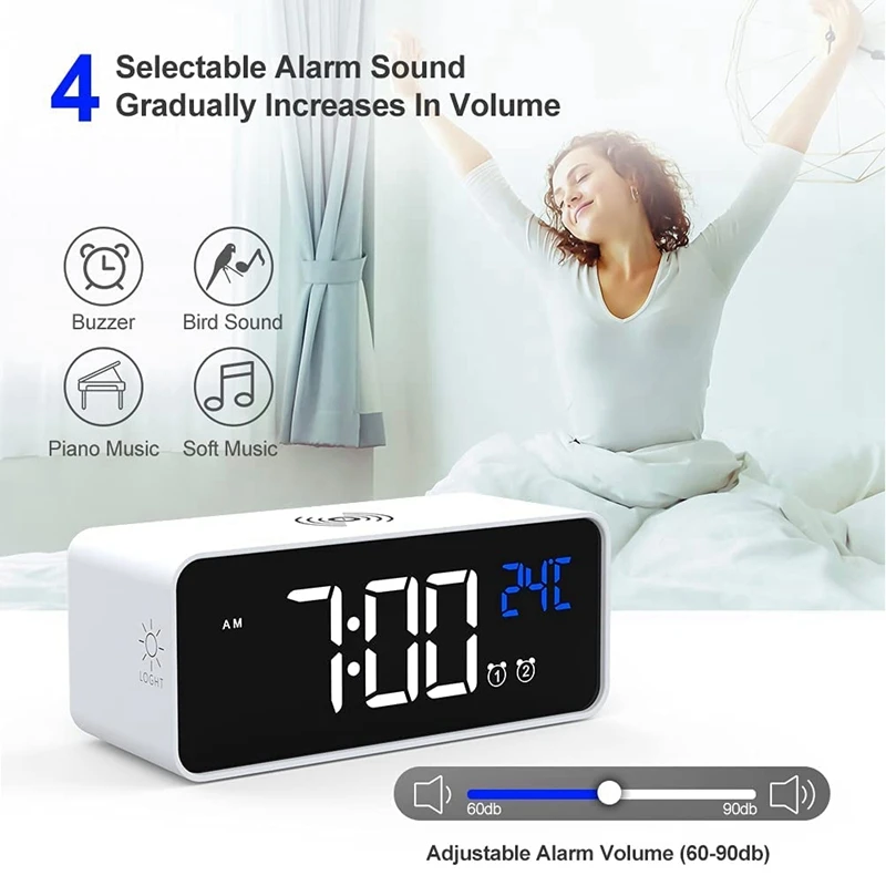 Digital Alarm Clock With Wireless Charging,Digital Clock With 12/24H/5 Level Brightness US Plug