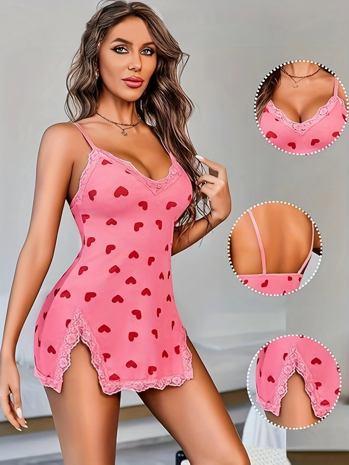 

Women's Four-Season Spring and Summer Nightgown, Casual, Romantic, Elegant, Cute, Heart-Printed, Sexy Lace-Trimmed Nightdress, Camisole Dress for Women