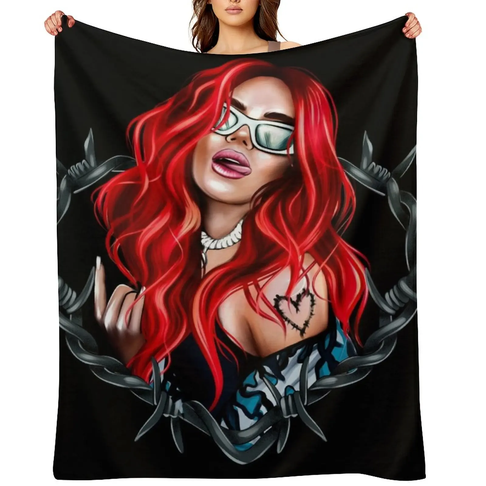 

karol g bichota and heart tattoo, Karol red Bare Wire Heart, Bichota , New look with Red Hair Il Throw Blanket Plaid Blankets