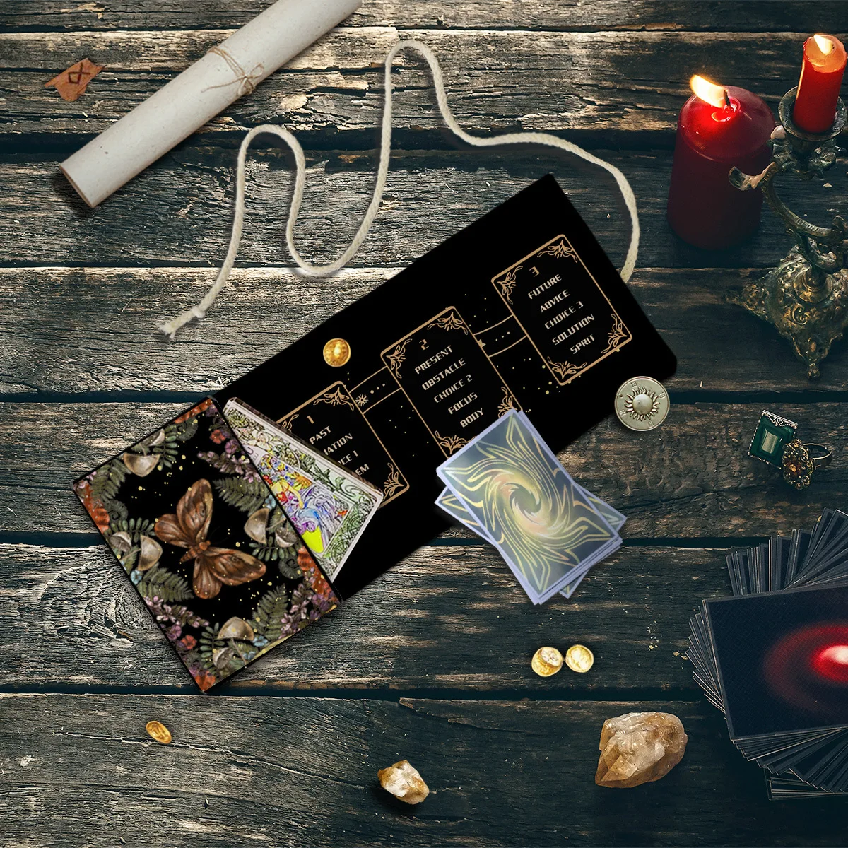 2‑in‑1 Moth Pentacle Tarot Cloth Tarot Card Pouch Dark Forest Tarot Spread Mat Position Zones Witch Oracle Card Divination