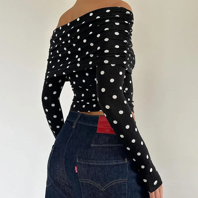 2024 autumn winter retro polka dot print contrasting one shoulder strapless T-shirt new slim fit and slimming base top - Image 4