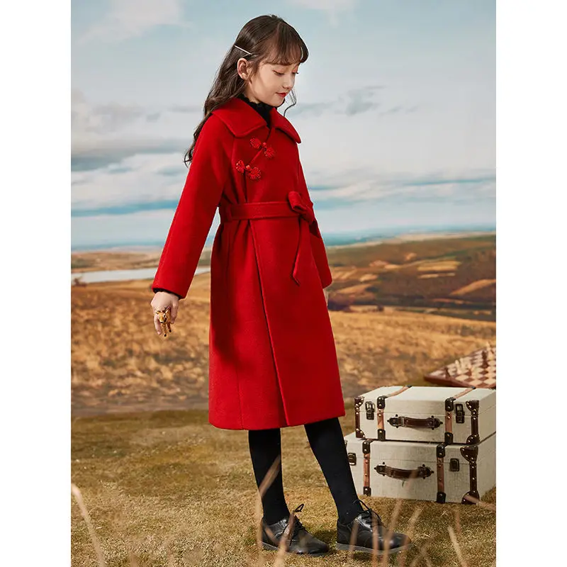 Chinoiserie style Girls woolen coat autumn winter red teen Girl Long Woolen Coat Tweed Overcoat Children Kids Jackets Clothes