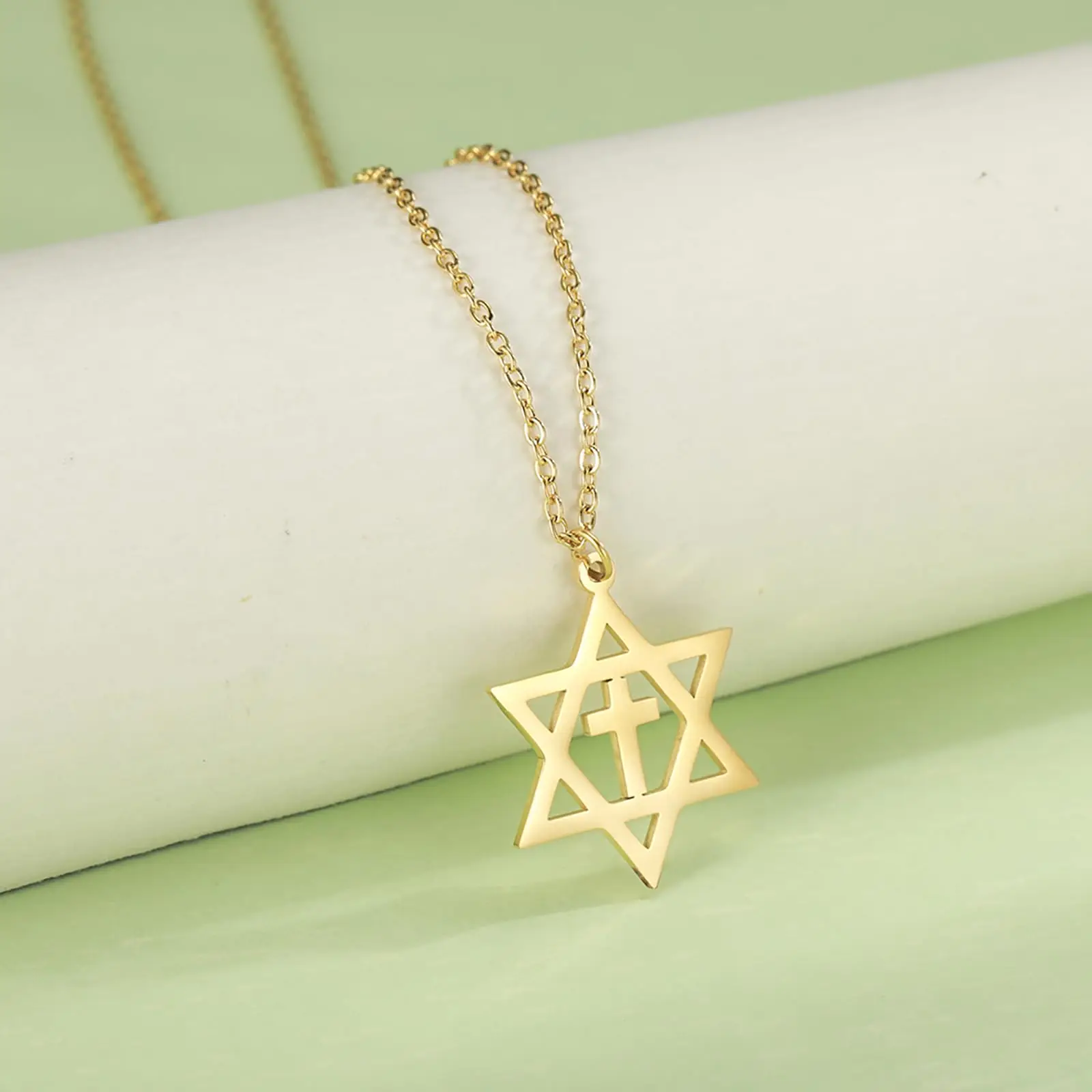 VASSAGO Star of David Necklace for Men Women Stainless Steel Hexagon Pendant with Cross Necklace Dainty Religious Jewish Jewelry