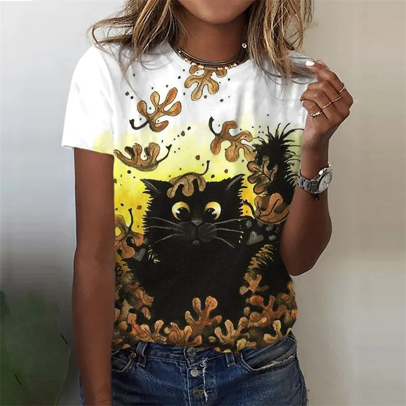 3D Printed Funny Animal T-Shirt for Women Cute Cat Graphic T Shirts Summer Harajuku Round Neck Tops Short Sleeves Loose Tees