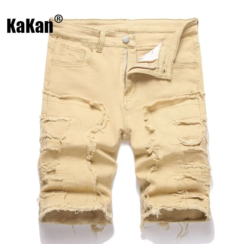 Kakan - Summer New Men's 5/4 Casual Jeans with Tears, Trendy Middle Pants, Scratched Beggar Shorts