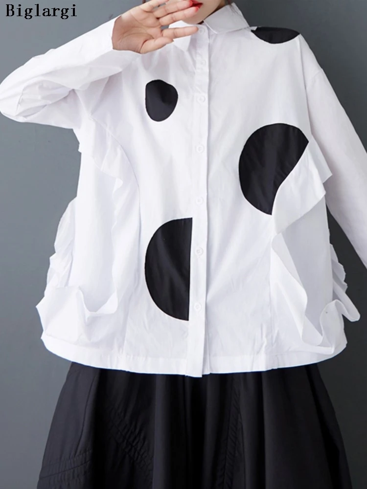 Oversized lente shirt met lange mouwen Dames Polka Dot Mode Damesblouses Casual losse geplooide damesoverhemden