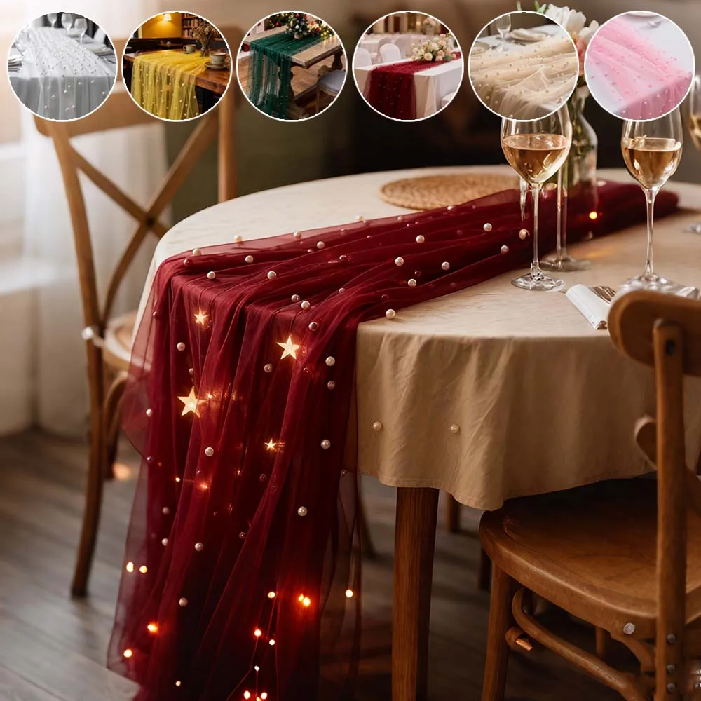 

Outdoor Wedding Pearl Tulle Table Runner Elegant Party Decoration for Baby Shower Birthday Party Backdrop Home Chemin De Table