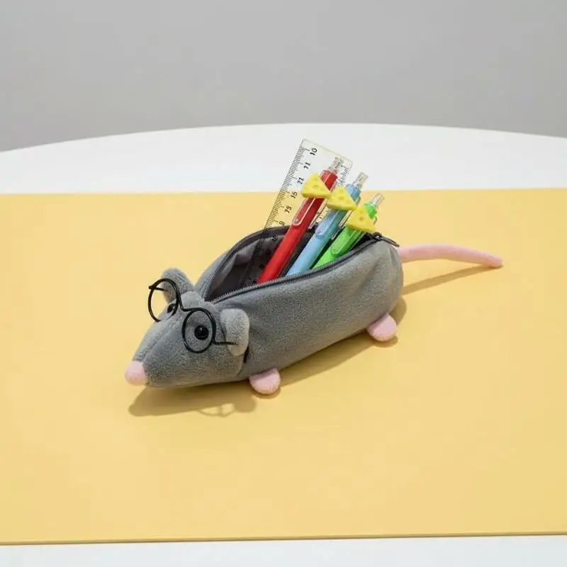 1 Stück Niedlicher Blumenzweig-Ratten-Plüsch-Federmäppchen mit Großer Kapazität, Tragbare Kosmetiktasche für Schüler und Büroangestellte