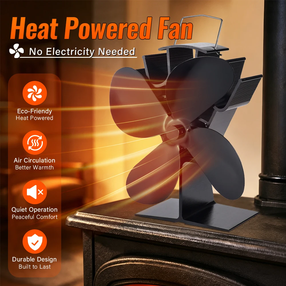 4-flügeliger, wärmebetriebener Ofenventilator, schwarzer Kaminventilator, Maga-Holzbrenner, umweltfreundlich, leiser Ventilator, effiziente Wärmeverteilung für zu Hause