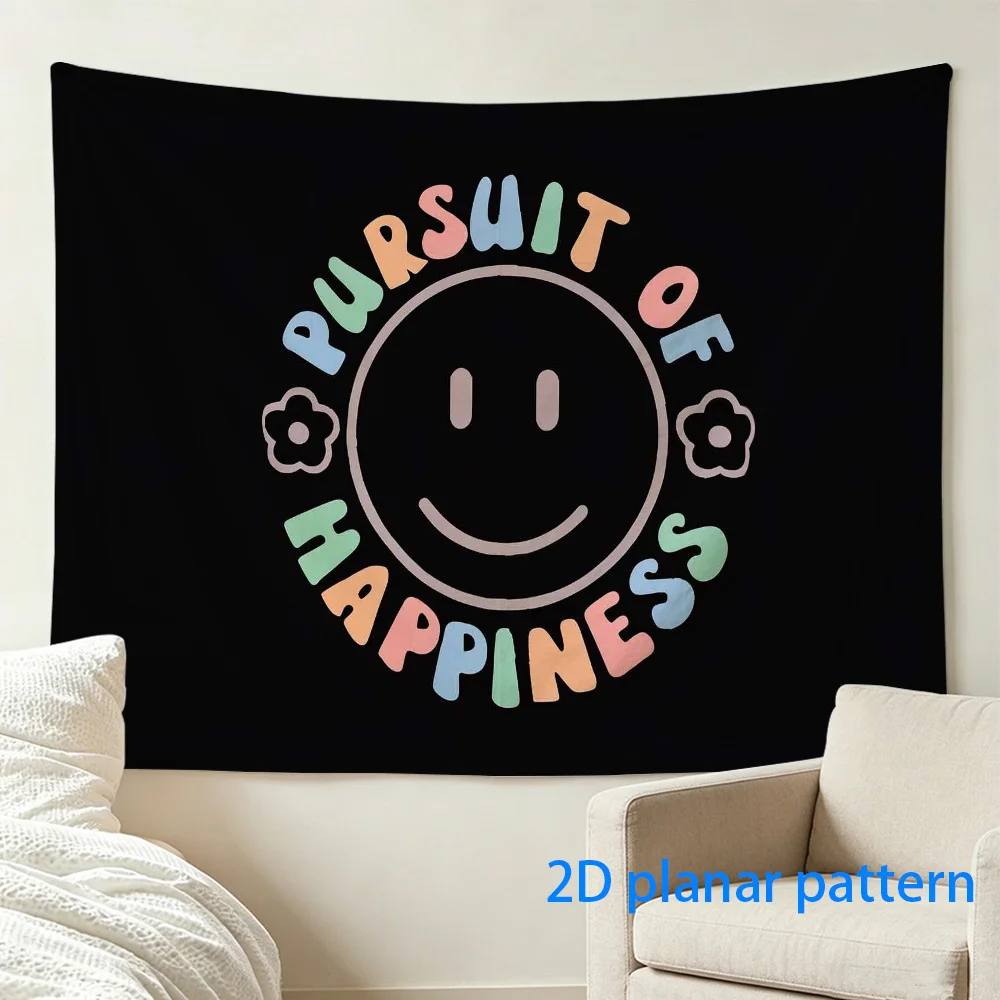 Pursuit of Happiness Tapestry, Retro Smiley Face Wall Hanging, Colorful Typography Art Positive Dorm Decor Black Background Gift