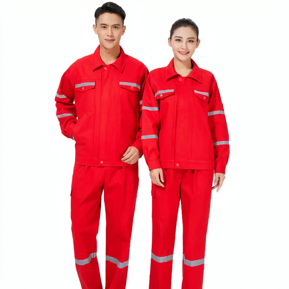 Mens Cotton Workwear Set Reflective Safety Uniform Durable Protective Coveralls For Factory Workshop Automotive Repair Wear